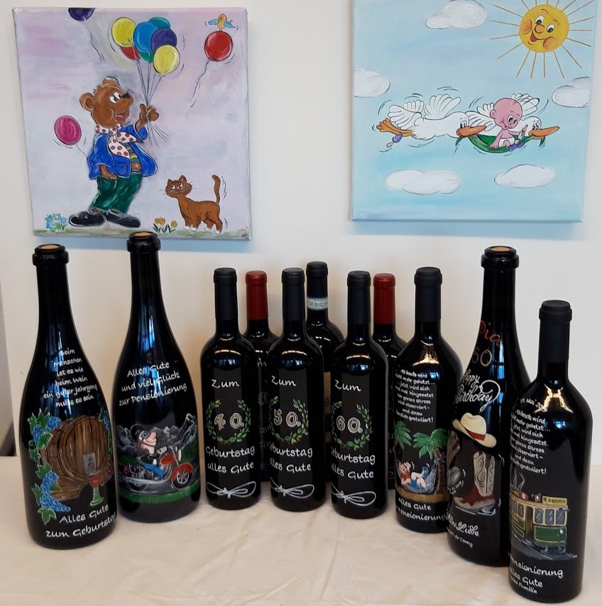 Vreni Verena Aebischer Glütschbachstrasse 61 Uetendorf / Geschenk Hand bemalte Weinflasche